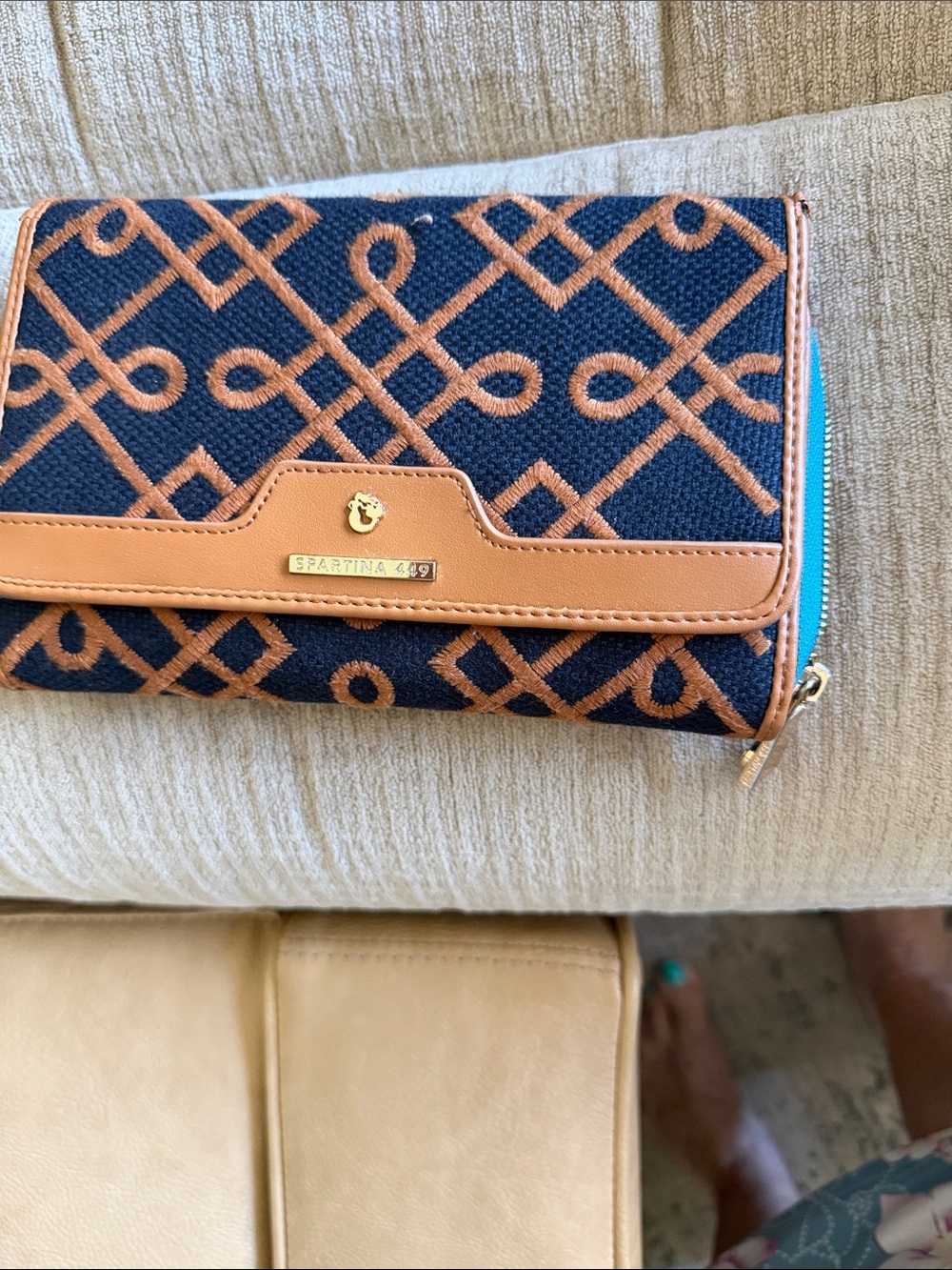 Spartina 449 Navy with Tan Trim Embroidered Zip Wallet 8 by51/2